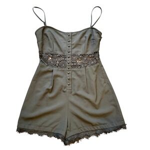 Black Lace-Trim Button-Front Romper Dark Academia XS